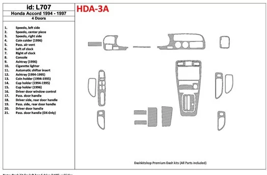 Honda Accord 1994-1997 4 Des portes, Ensemble Complet, 21 Parts set BD Kit la décoration du tableau de bord - 1 - habillage deco