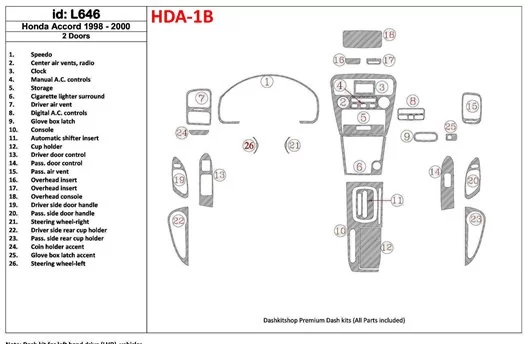 Honda Accord 1998-2000 2 Des portes Ensemble Complet, 26 Parts set, BD Kit la décoration du tableau de bord - 1 - habillage deco