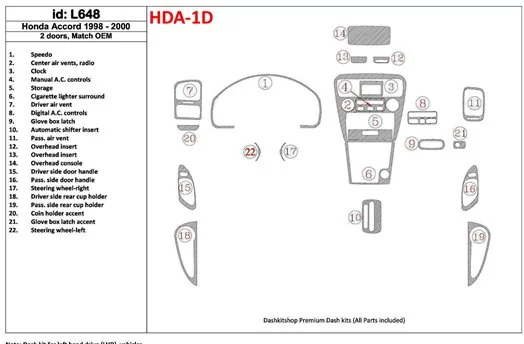Honda Accord 1998-2000 2 Des portes, Mtach OEM, 22 Parts set BD Kit la décoration du tableau de bord - 1 - habillage decor de ta