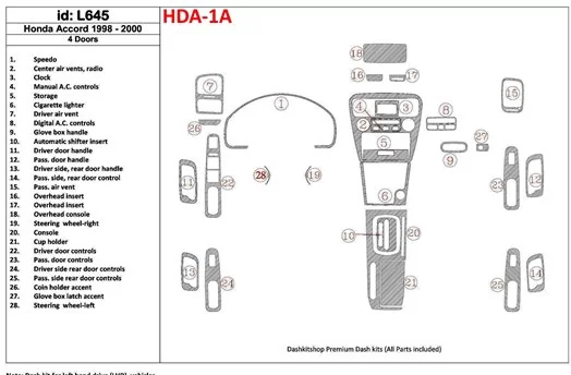 Honda Accord 1998-2000 4 Des portes, Ensemble Complet, 28 Parts set BD Kit la décoration du tableau de bord - 1 - habillage deco