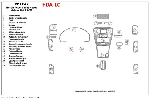 Honda Accord 1998-2000 4 Des portes, OEM Compliance, 22 Parts set BD Kit la décoration du tableau de bord - 1 - habillage decor 