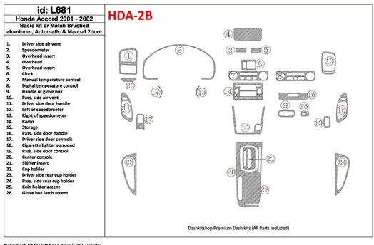 Honda Accord 2001-2002 2 Des portes, Paquet de base, 26 Parts set BD Kit la décoration du tableau de bord - 1 - habillage decor 