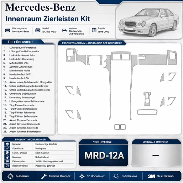 Mercedes Benz E Class W210 1998-2002 set complet kit décor tableau de bord 3D