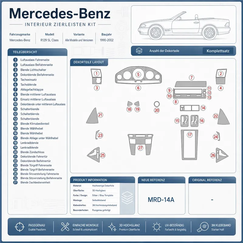 Mercedes Benz R129 SL Class 1990-2002 set complet kit décor tableau de bord 3D