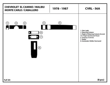 Chevrolet El Camino, Malibu, Monte Carlo, Caballero 1978-1987 Ensemble Complet BD Décoration de tableau de bord