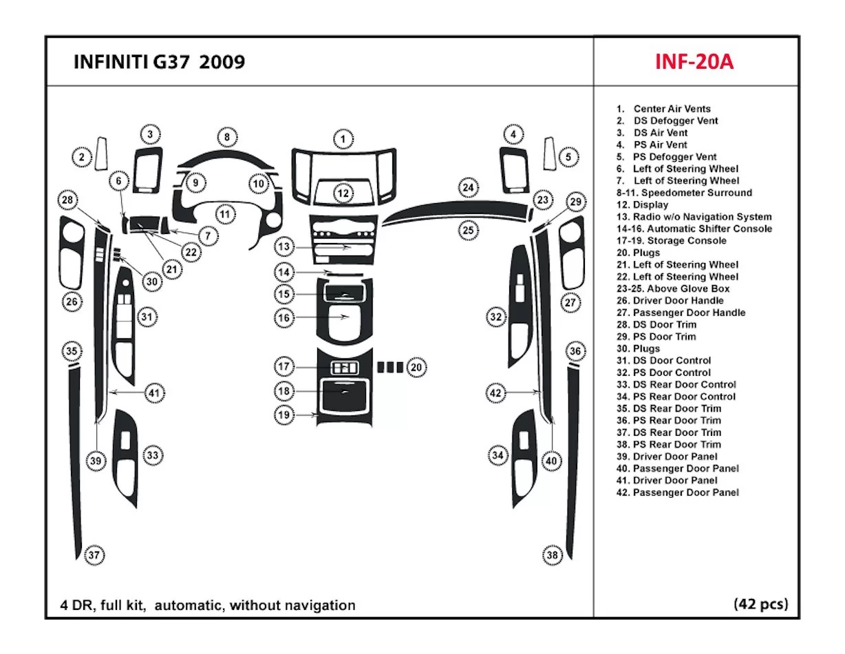 Infiniti G37 2007-2009 Ensemble Complet, Automatic Gear, Without NAVI BD Décoration de tableau de bord