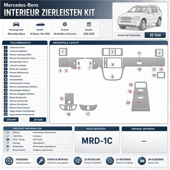 Mercedes Benz M Class 2002-2005 set complet, ML55 kit décor tableau de bord 3D