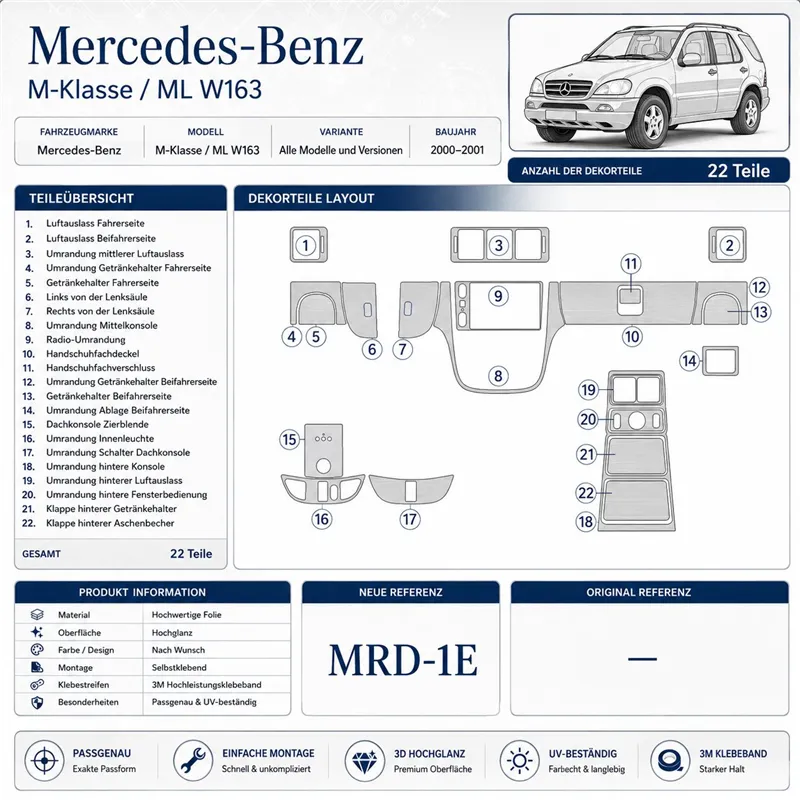 Mercedes Benz M Class 2000-2001 Doors Kit kit décor tableau de bord 3D