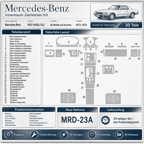 Mercedes Benz R107 450 SL/SLC 1973-1978 set complet kit décor tableau de bord 3D