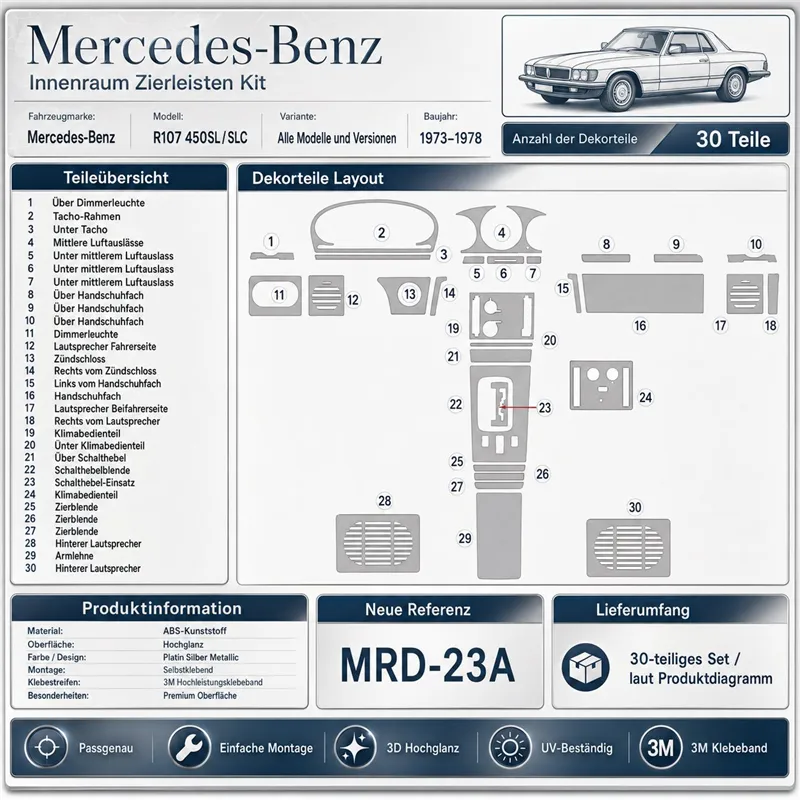 Mercedes Benz R107 450 SL/SLC 1973-1978 set complet kit décor tableau de bord 3D