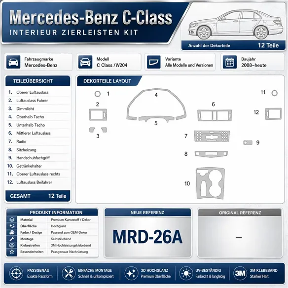 Mercedes Benz C Class 2008+ set complet kit décor tableau de bord 3D