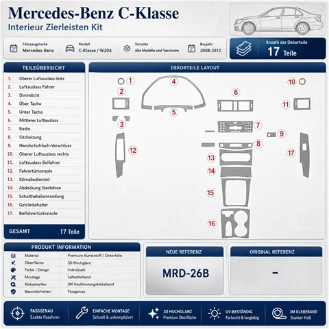 Mercedes Benz C Class 2008+ set complet kit décor tableau de bord 3D