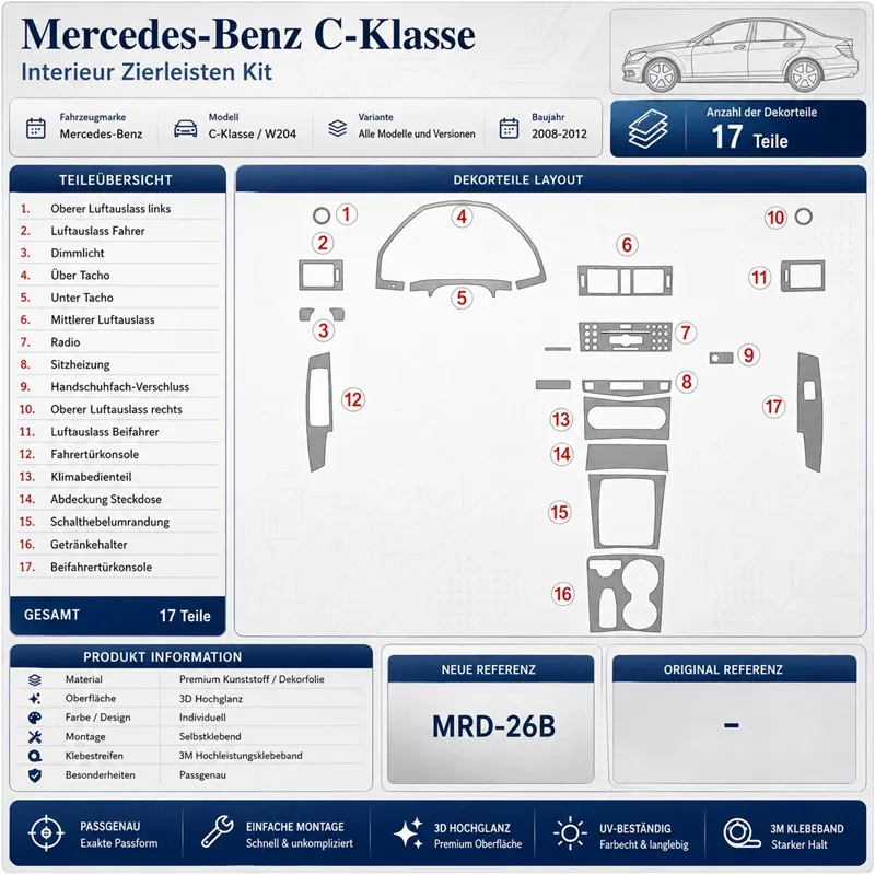 Mercedes Benz C Class 2008+ set complet kit décor tableau de bord 3D