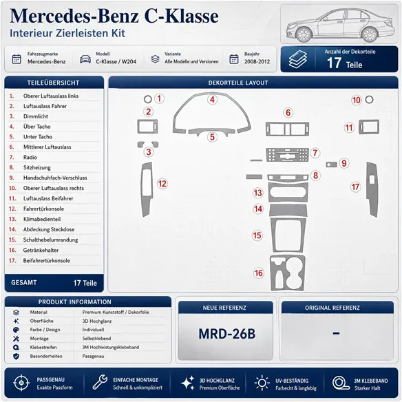 Mercedes Benz C Class 2008+ set complet kit décor tableau de bord 3D