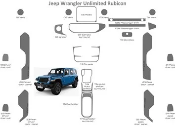 Jeep Wrangler Unlimited Rubicon 2018-2023 Habillage Décoration de Tableau de Bord 25 Pièce