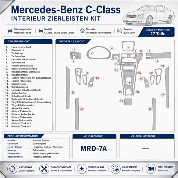 Mercedes Benz C Class 2005-2007 set complet, 2 portes Coupe kit décor tableau de bord 3D