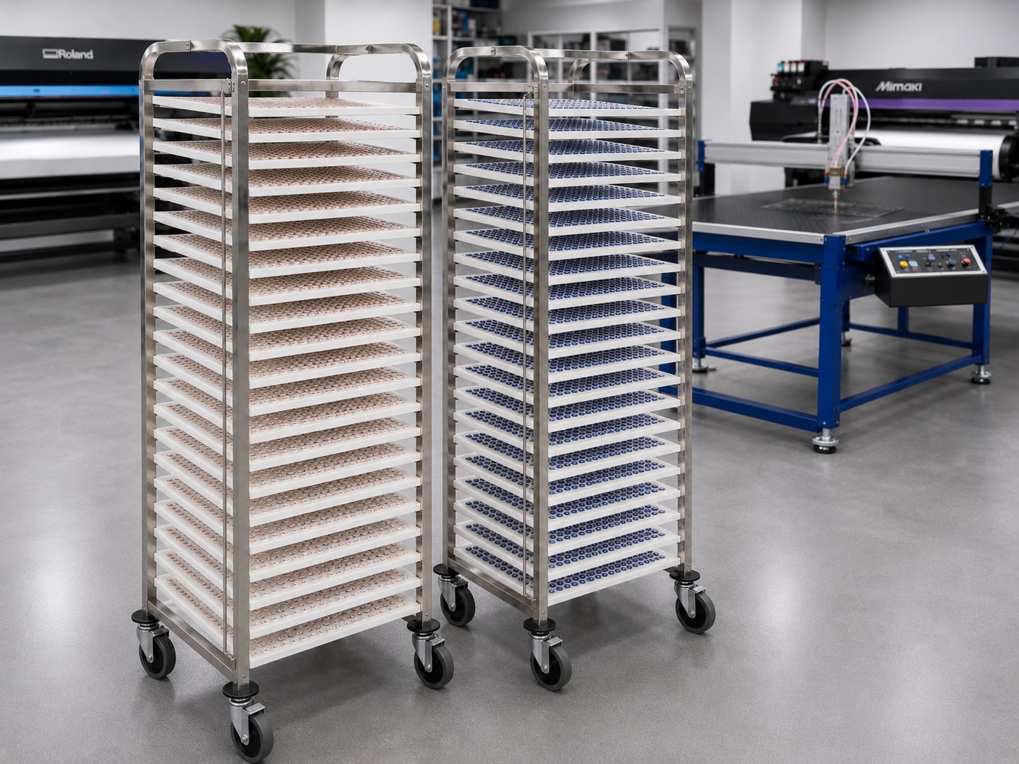 Chariots mobiles de polymérisation avec 18 niveaux et étiquettes domées en production