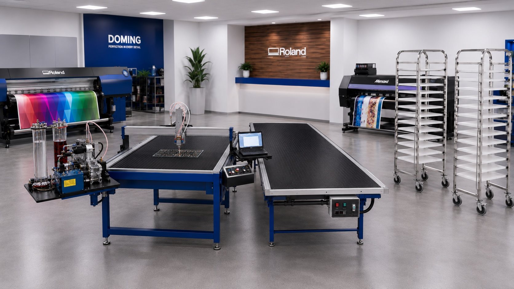 Atelier de production doming avec machine CNC, table sous vide, chariots de polymérisation et imprimantes grand format